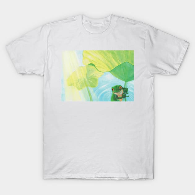 Green Frog under Lily Pad T-Shirt by Julia Doria Illustration